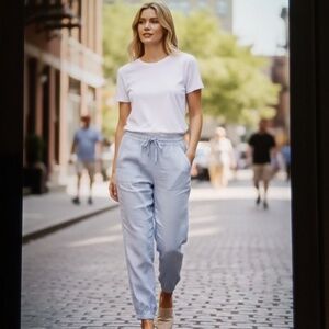 Athleta Retreat Linen Jogger Pant Womens Size 6 Blue Beachy Travel